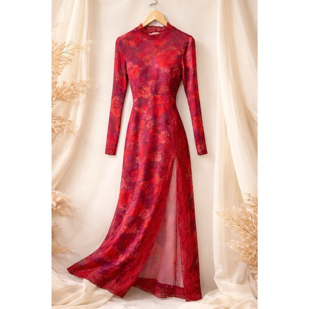 Vintage Kimchi Blue Red Floral Mesh Maxi Dress Lace Trim Sheer Boho 90s Y2K Sz M
